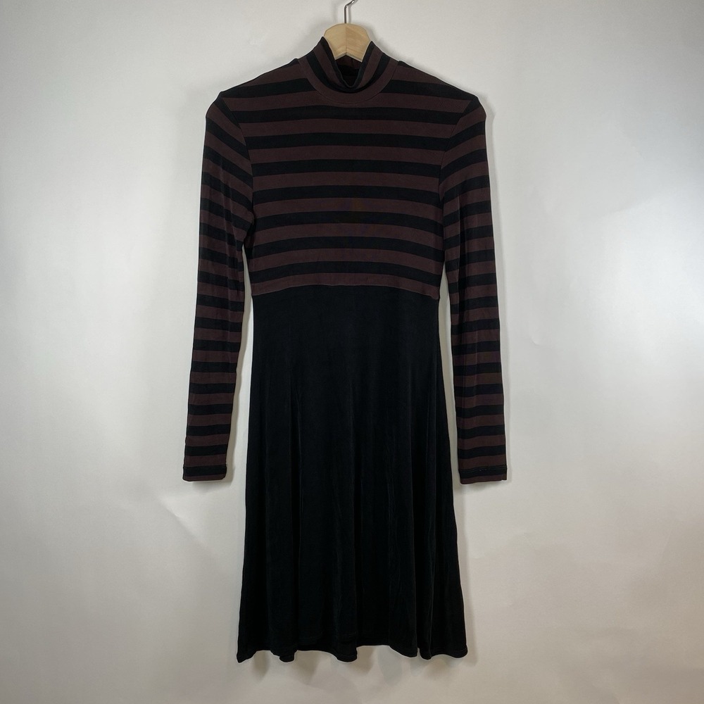 BCBG Maxazria Striped Mockneck Dress XS Emo Twee Black Jersey Knit Long Sleeve